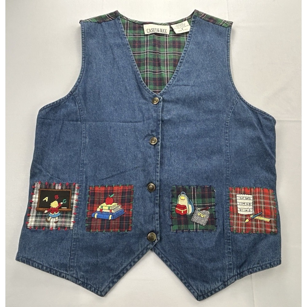 Vintage 90s Casey & Max Denim Teacher Vest Small Plaid School Applique